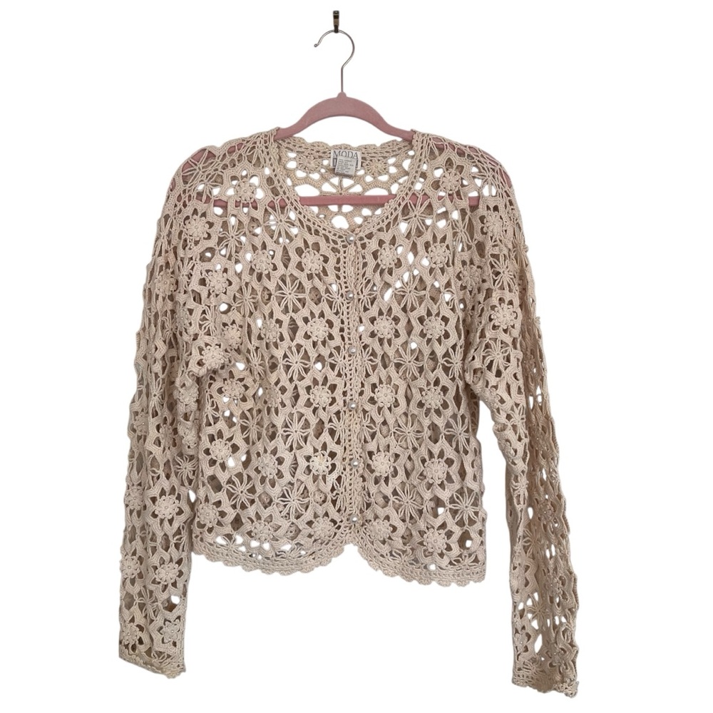 Vintage crochet pearl‎ beaded cardigan cottagecore boho moto